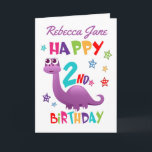 Purple Dinosaur 2nd Birthday Card<br><div class="desc">A special 2nd birthday card! This bright fun second birthday card features a blue dinosaur, some pretty stars and colourful text. A cute design for someone who will be two years old. Add the 2nd birthday child's name to the front of the card to customise it for the special boy...</div>
