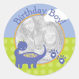 Purple Dinosaur Birthday Boy with Dots Photo Classic Round Sticker