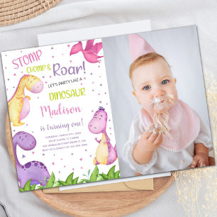 Purple Dinosaur Birthday Invitations with photo