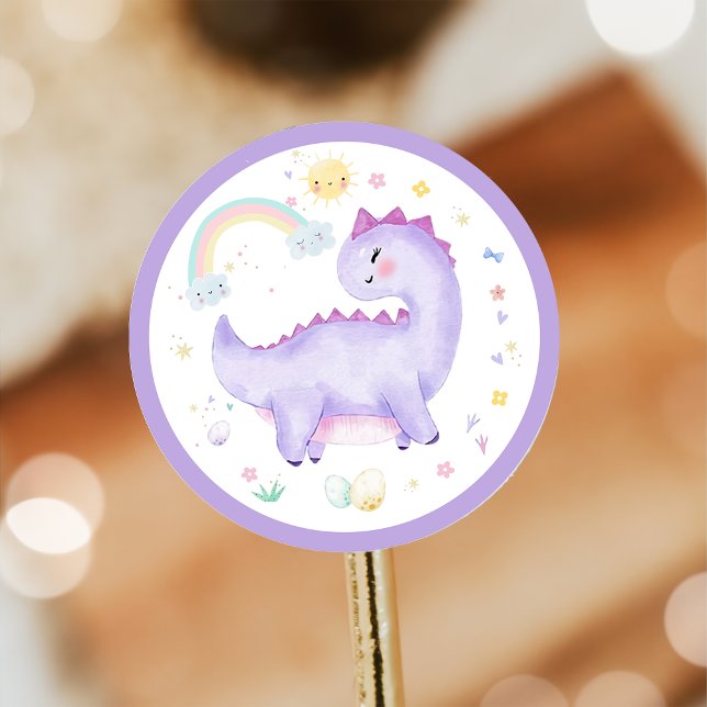 Purple Dinosaur Birthday Party Classic Classic Round Sticker (Creator Uploaded)