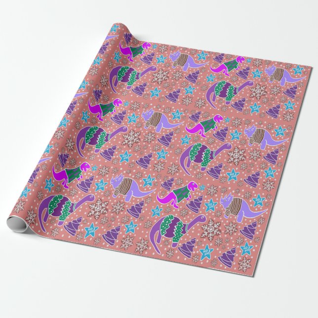 Purple Dinosaur Christmas wrapping paper  (Unrolled)