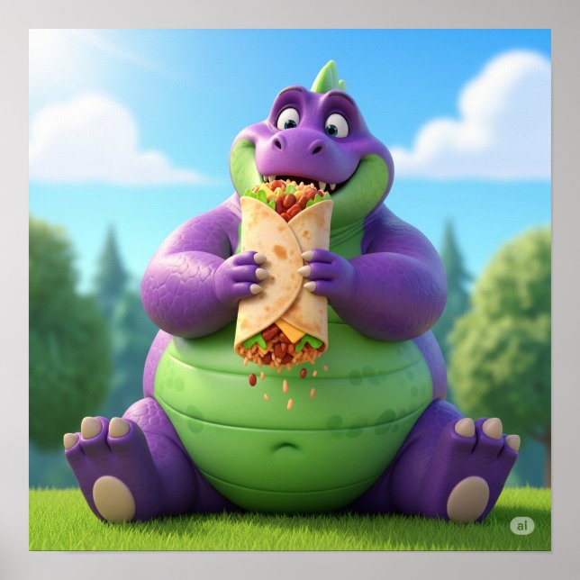 Purple Dinosaur Enjoying a Burrito Poster (Front)