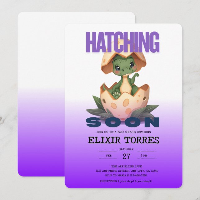 Purple Dinosaur Hatching Soon Invitation (Front/Back)
