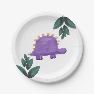 Purple Dinosaur Kid Party Green Dino Birthday Paper Plate