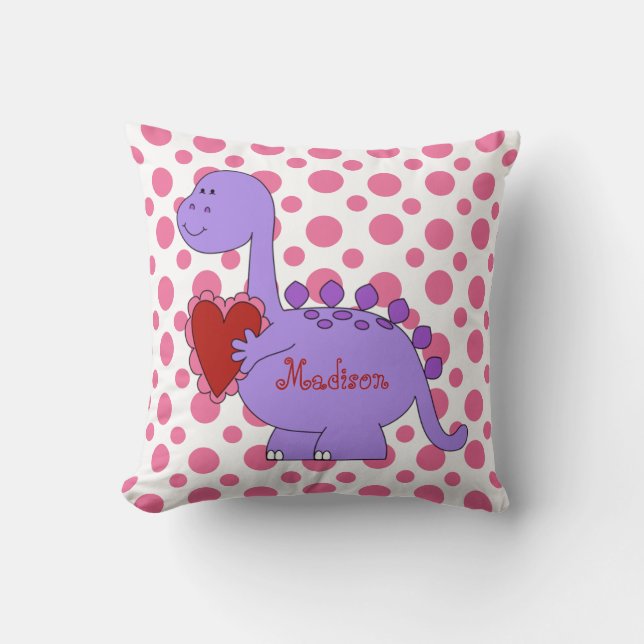 Purple Dinosaur on Pink Polka Dots, w Name Cushion (Front)