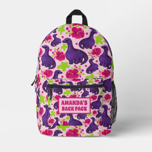 Purple Dinosaur Pattern Personalised Kids Name Printed Backpack