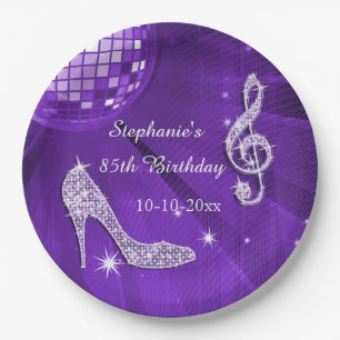 Purple Disco Ball and Heels 85th Birthday Paper Plate