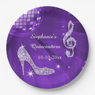 Purple Disco Ball and Heels Quinceañera Paper Plate
