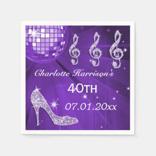 Purple Disco Ball and Sparkle Heels 40th Napkin