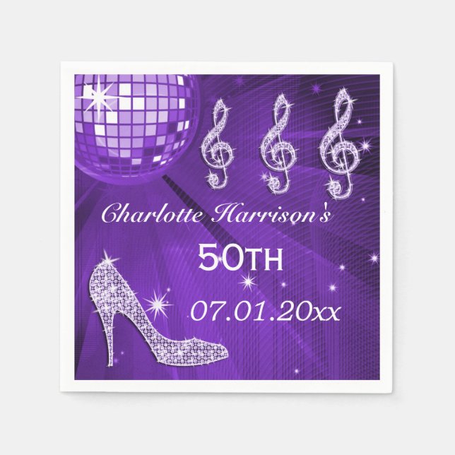 Purple Disco Ball and Sparkle Heels 50th Napkin (Front)