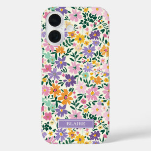Purple Ditsy Flowers Monogrammed iPhone 16 Case