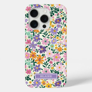 Purple Ditsy Flowers Monogrammed iPhone 15 Pro Case