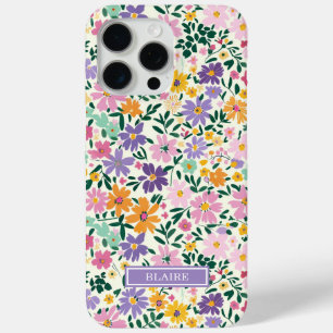 Purple Ditsy Flowers Monogrammed iPhone 15 Pro Max Case