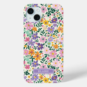 Purple Ditsy Flowers Monogrammed iPhone 15 Mini Case