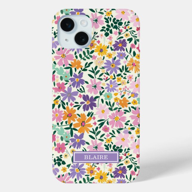 Purple Ditsy Flowers Monogrammed Case-Mate iPhone Case (Back)