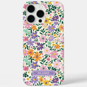 Purple Ditsy Flowers Monogrammed iPhone 16 Pro Max Case
