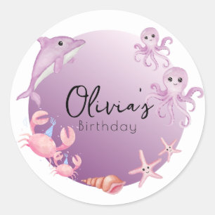 Purple dolphin and jellyfish birthday  classic round sticker