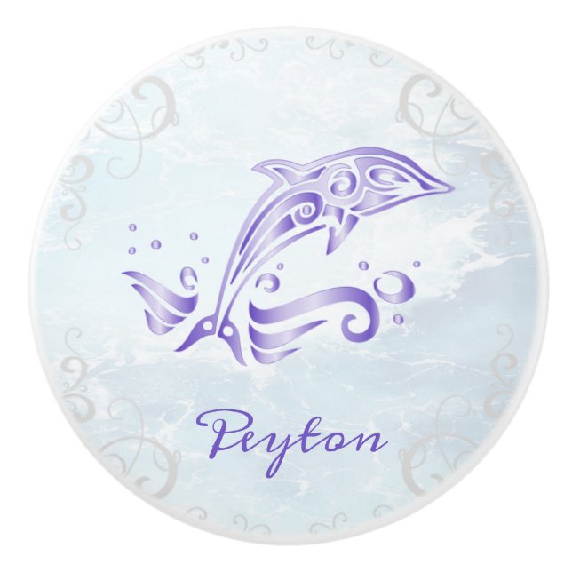 Purple Dolphin Personalised Ceramic Knob (Front)