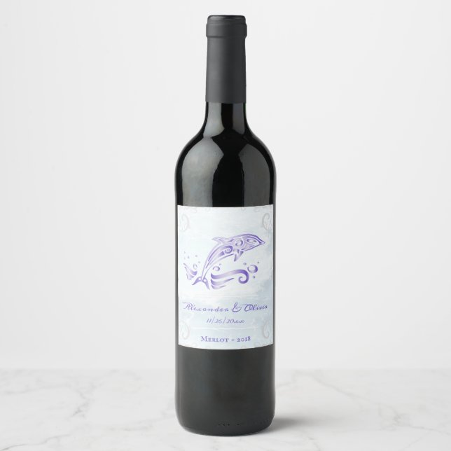 Purple Dolphin Wedding Wine Label (Front)