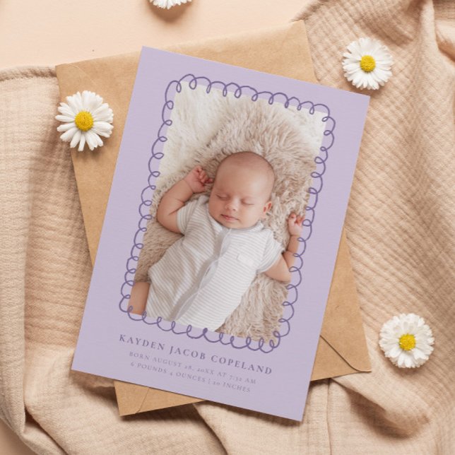 Purple Doodle Frame Birth Announcement Photo (Creator Uploaded)