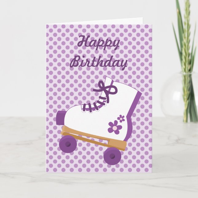 Purple Dots Roller Skate Birthday Card (Front)