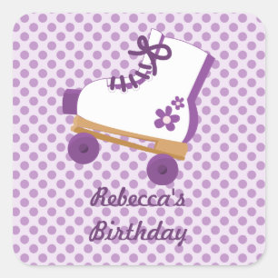 Purple Dots Roller Skate Birthday Square Stickers