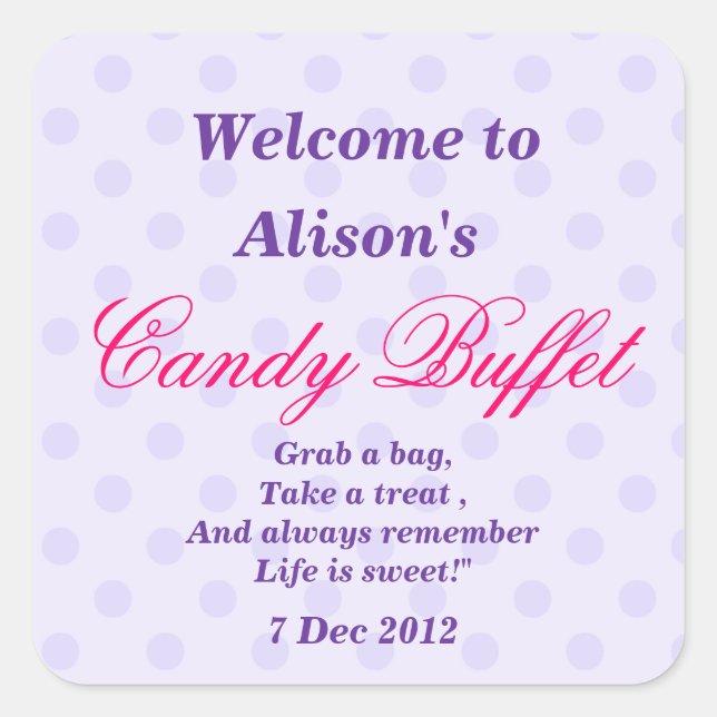 Purple Dotty Candy Buffet Party Sticker (Front)