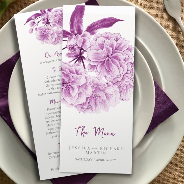 Purple double blossom flowers wedding menu (Creator Uploaded)