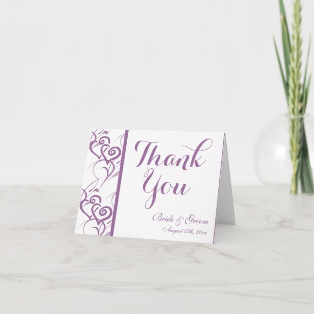 Purple Double Hearts Swirl Wedding Thank You Cards (Front)