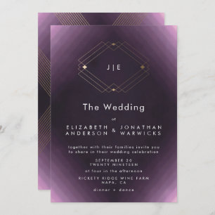 Purple Double Monogram Geometric Gold Wedding Invitation