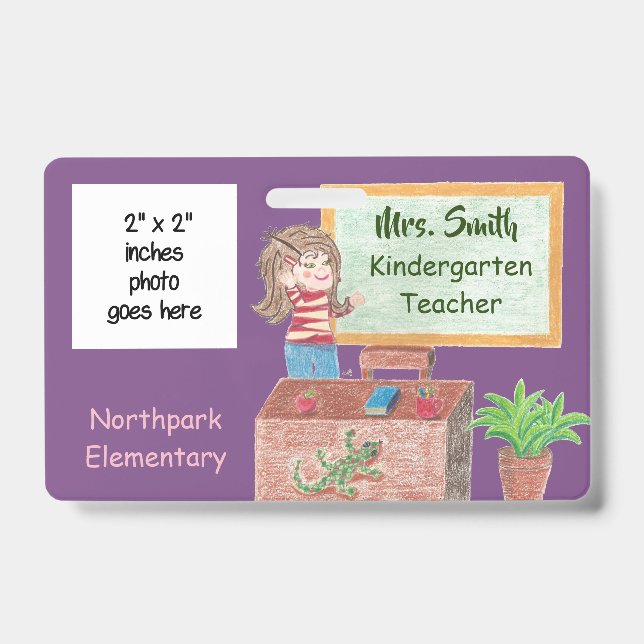 Purple double-sided k-12 school teacher ID badge (Front)