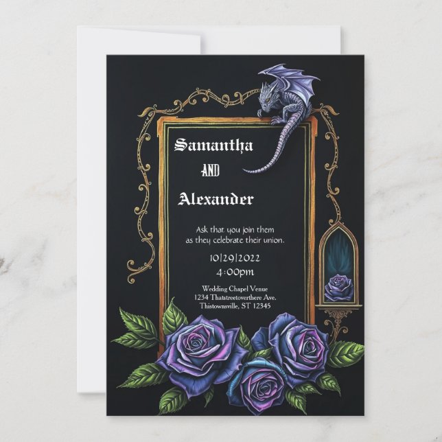 Purple Dragon and Roses Gothic Wedding Invitation (Front)