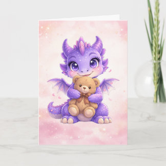 Purple Dragon Hugging Teddy Blank Greeting Card