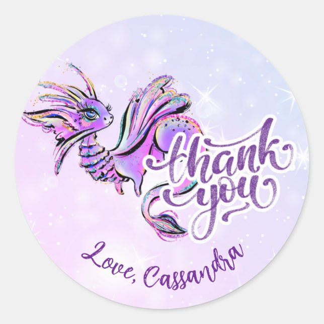 Purple Dragon Magical Girl Birthday Thank You Classic Round Sticker (Front)