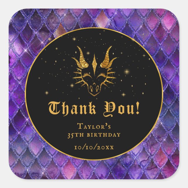 Purple Dragon Scales Gold Birthday Thank You Square Sticker (Front)