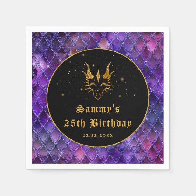 Purple Dragon Scales Gold Faux Glitter Birthday Napkin (Front)