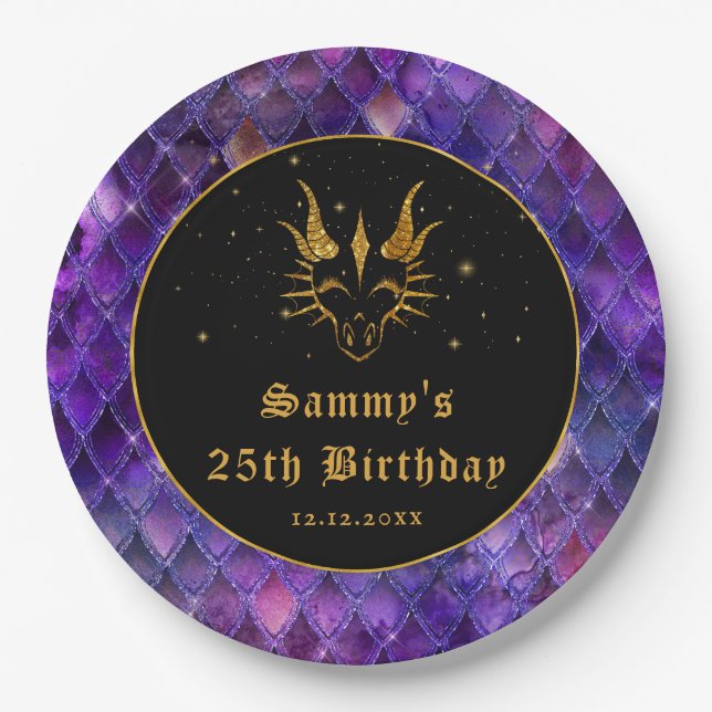 Purple Dragon Scales Gold Faux Glitter Birthday Paper Plate (Front)
