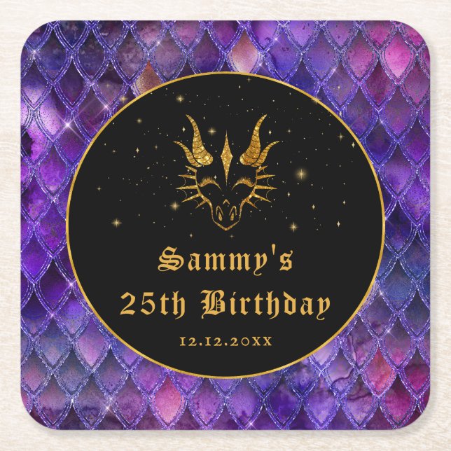 Purple Dragon Scales Gold Faux Glitter Birthday Square Paper Coaster (Front)