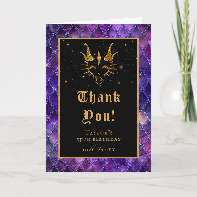 Purple Dragon Scales Gold Faux Glitter Birthday Thank You Card (Front)