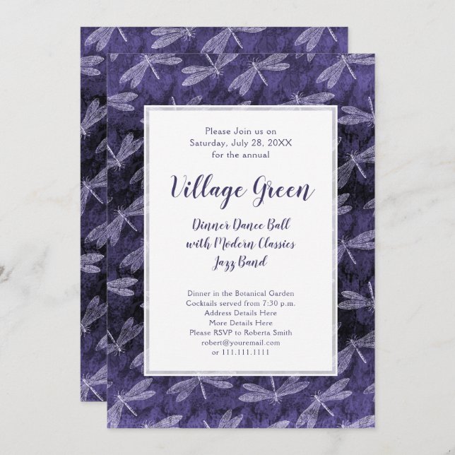 Purple Dragonflies Summer Night Elegant BBQ Party Invitation (Front/Back)