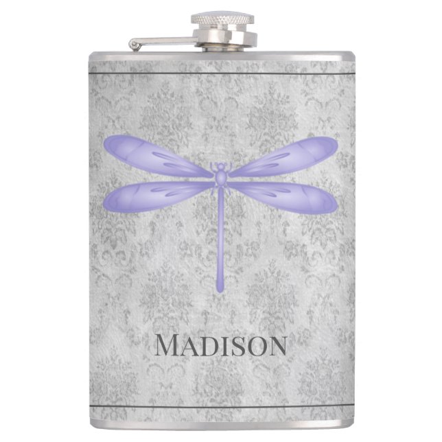 Purple Dragonfly Damask Flask (Front)