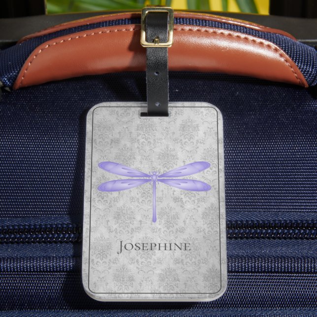 Purple Dragonfly Damask Luggage Tag (Front Insitu 2)