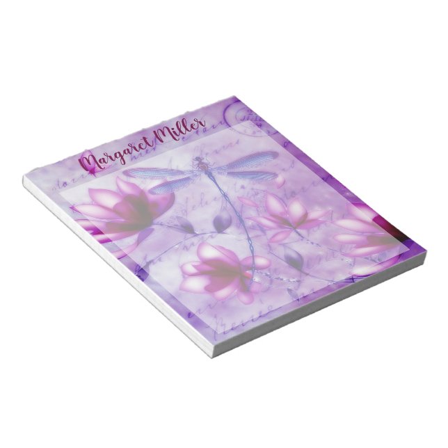 Purple dragonfly floral personalised notepad (Angled)