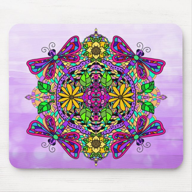 Purple Dragonfly Mandala Hand Drawn Art Mouse Pad (Front)