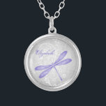 Purple Dragonfly Necklace<br><div class="desc">Personalise a unique gift for your bridesmaids with a Purple Dragonfly Necklace. Necklace design features a vibrant dragonfly against an elegant floral vine and grey damask background. Personalise with the bridesmaid's name for a cherished reminder of your big day. Additional wedding stationery available with this design as well. Need help...</div>