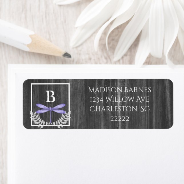 Purple Dragonfly Rustic Label (Insitu)