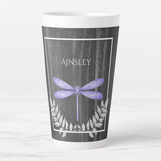 Purple Dragonfly Rustic Personalised Latte Mug (Front)