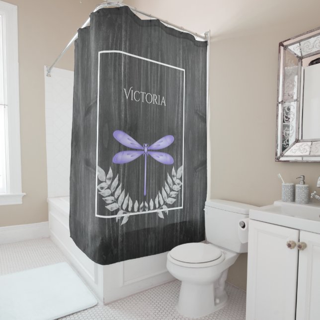 Purple Dragonfly Rustic Personalised Shower Curtain (In Situ)