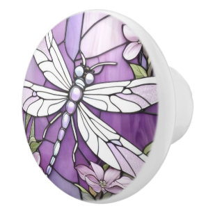 Purple Dragonfly Stained Glass Flower Ceramic Knob