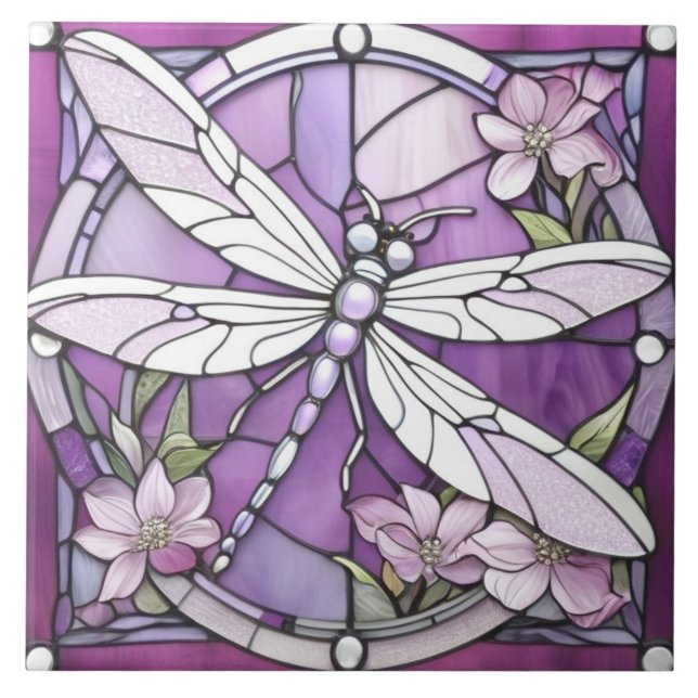 Purple Dragonfly Stained Glass Flower Tile (Front)